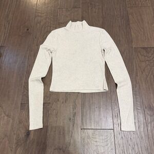 American Eagle Outfitters Ribbed Mock Neck Cropped Long Sleeve Shirt Beige Small